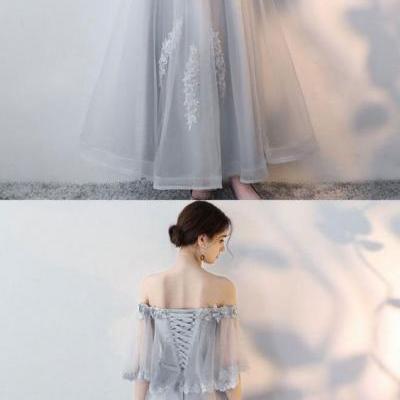 Gray Tulle Lace Long Prom Dress, Lace Evening Dress,Custom Prom Dress