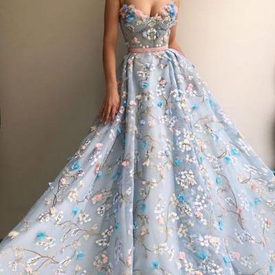 Blue Fairy Floral Dress,Embroidered Prom Dress,Princess Prom Dress,Charming Prom Dress,Custom Prom Dress
