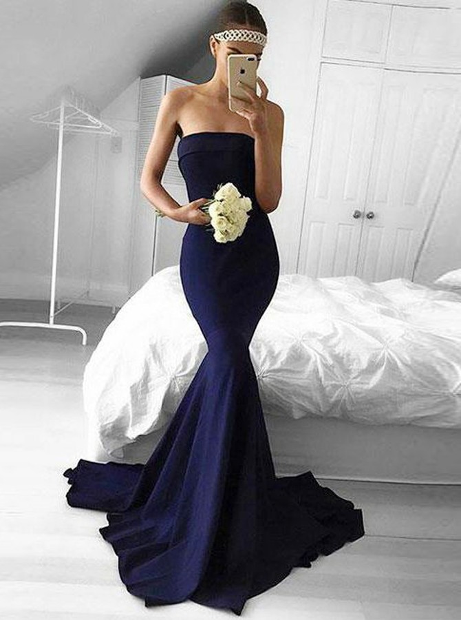 navy blue strapless prom dress