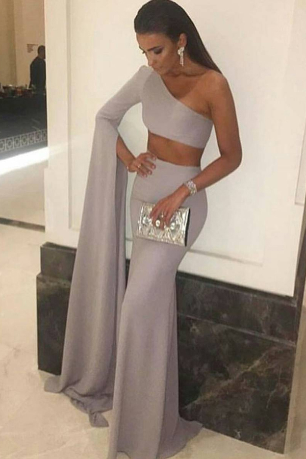 two piece grey prom dress