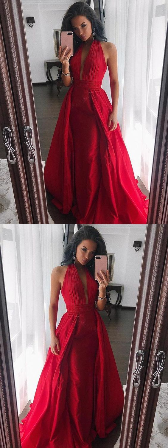 Cheap Prom Dresses, Simple A Line Prom Dresses , Halter Prom Dress, Red ...