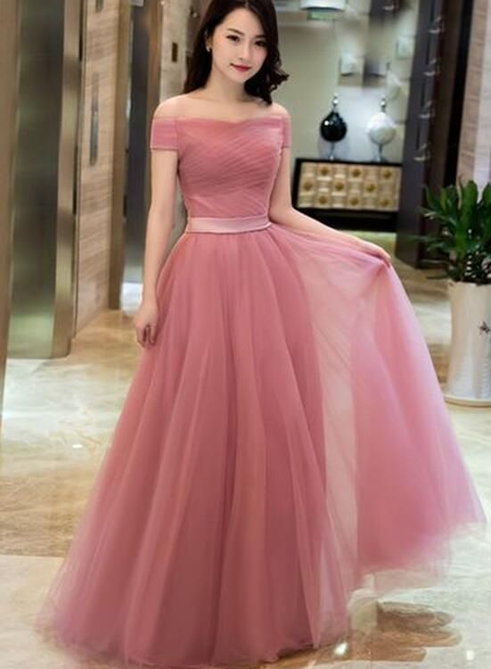 Lovely Pink Off Shoulder Prom Dress Tulle A Line Party Dress Floor