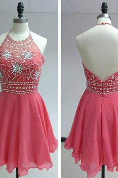 Homecoming Dress, Short Watermelon Homecoming Dress, Short Halter Prom Dress, Prom Dress,custom Dress